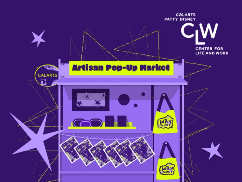 Illustrated purple and yellow pop-up market stall with signage and decorative elements.