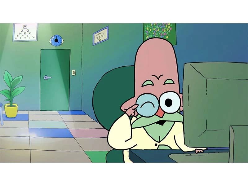 Cartoon character with glasses at a desk with a computer in an office setting.