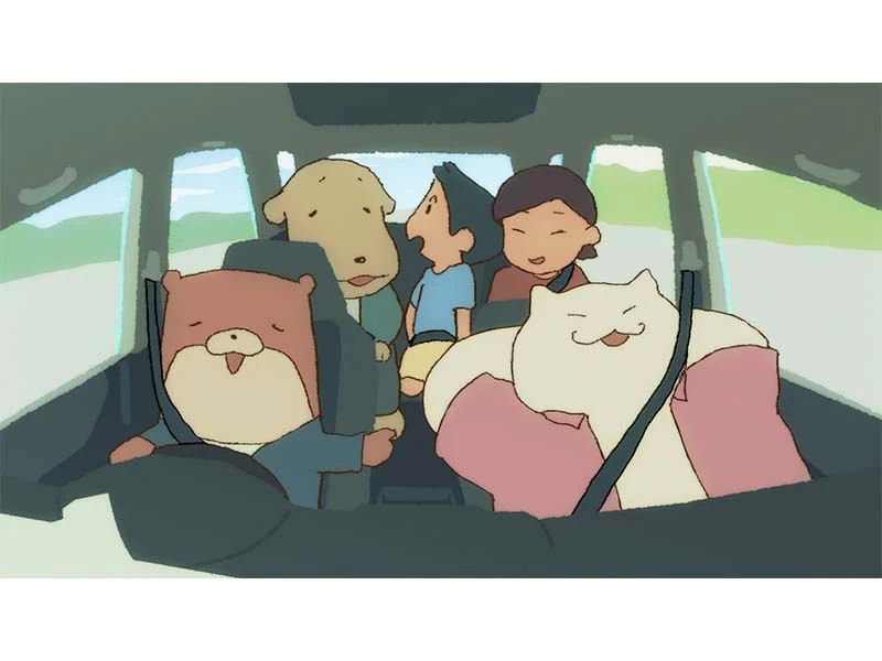 Five characters, including two humans and three anthropomorphic animals, sitting inside a car.