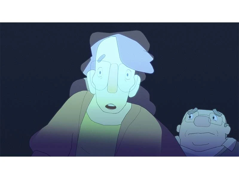Two animated characters in the dark, one with a shocked expression, the other looking perplexed.