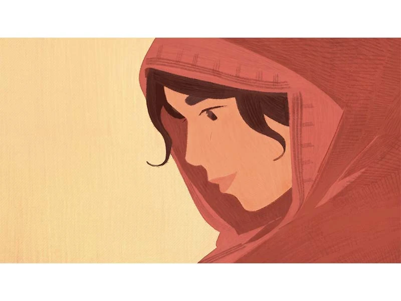 Illustration of a person in a red hood with a contemplative expression against a beige background.