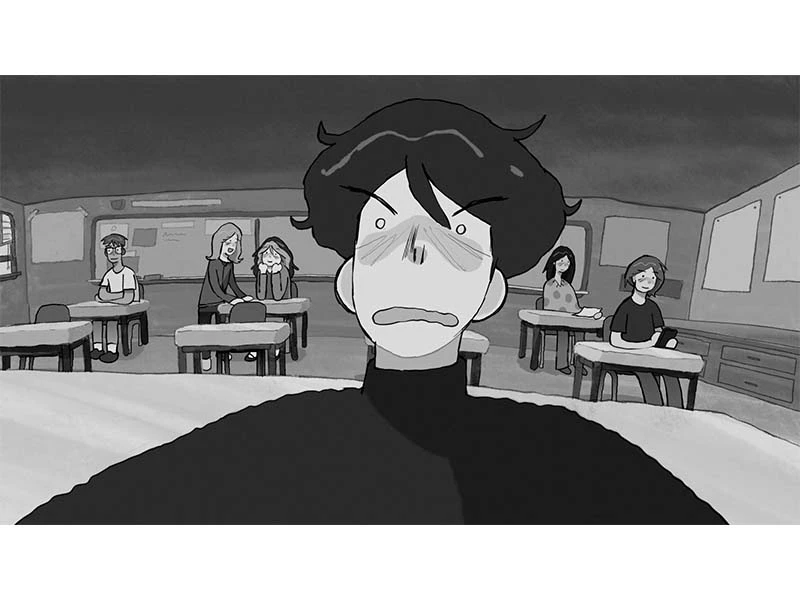 Cartoon of a startled student in a classroom with peers in the background.