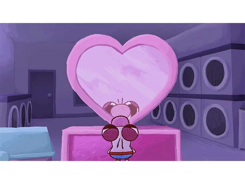 A character with round ears looks at a large pink heart-shaped mirror in a pastel-colored laundromat.