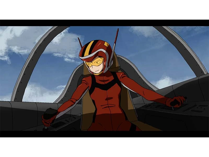 Animated character in an aircraft wearing a red suit and helmet.