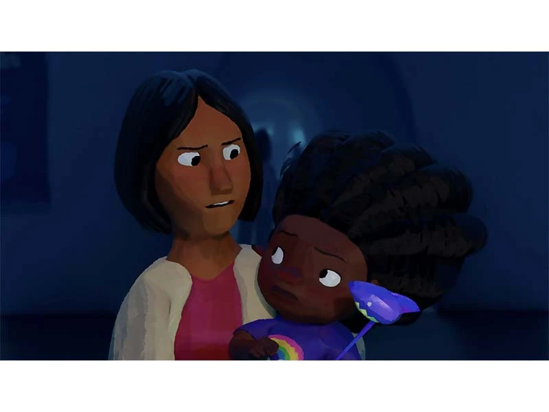 An adult and a child with concerned expressions in a dimly lit, blue-toned environment.