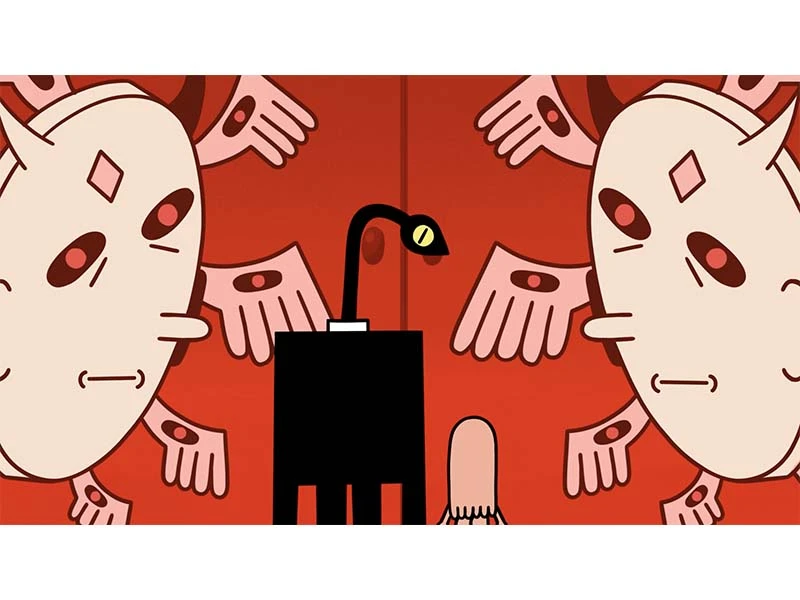 A surreal illustration with two abstract faces, numerous hands with eyes, and a central black figure with a yellow eye on a red background.