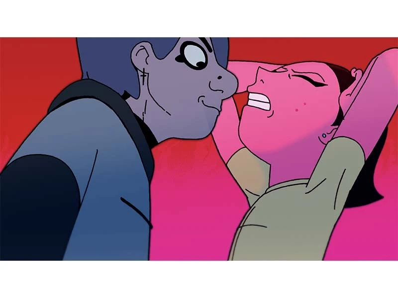 Animated scene of two characters facing each other with intense expressions against a red to pink gradient background.