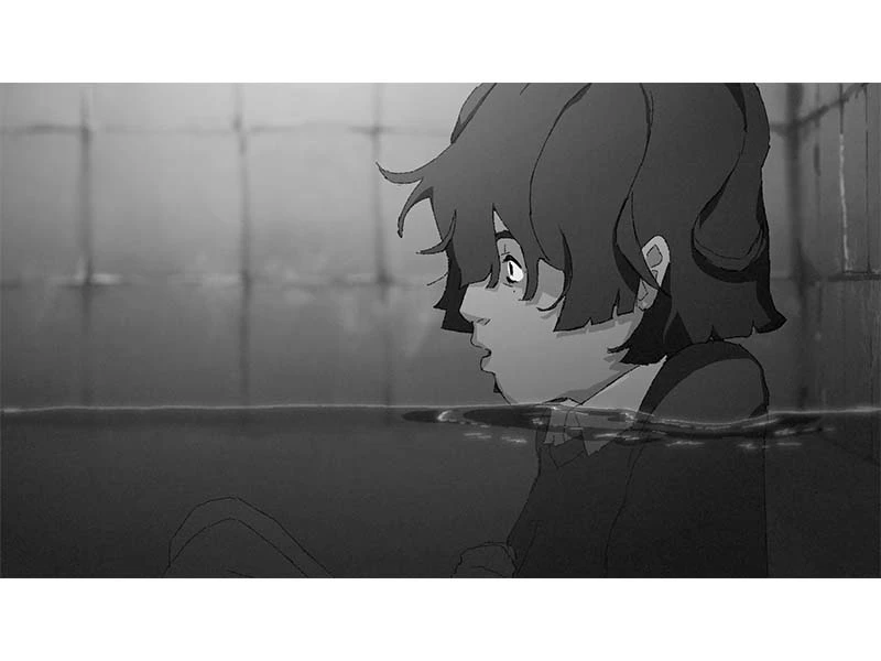 Illustration of a person with wavy hair submerged in water against a tiled wall background.