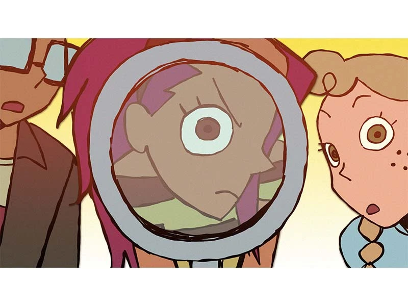 Cartoon characters with one holding a magnifying glass, enlarging an eye.