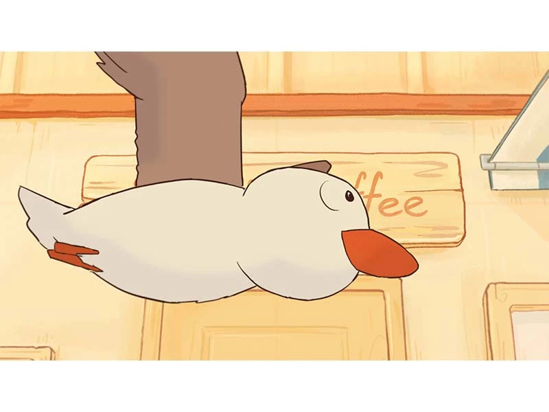 Animated white seagull flying indoors with an orange beak and wingtips.