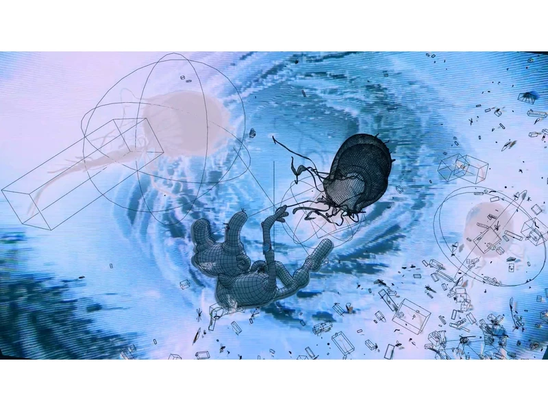 Abstract characters floating through blue space.