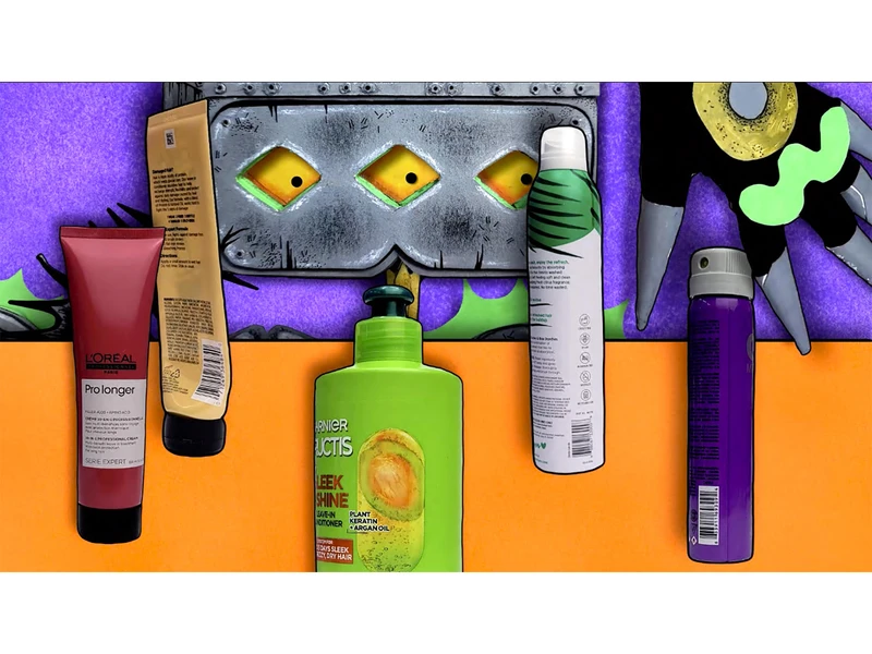 Colorful arrangement of hair care products, including a green bottle of Garnier Fructis, a pink L'Oréal tube, and a patterned white spray can, set against a vibrant background with cartoon-like features.