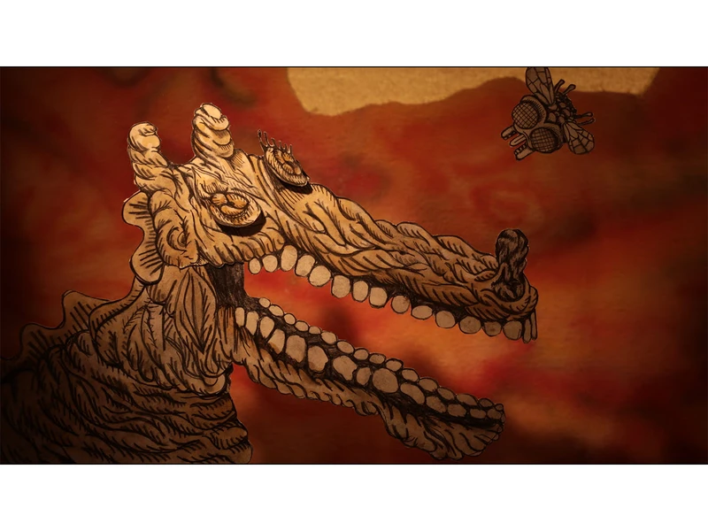 A dragon-like creature with a textured head and large teeth opens its mouth, with a small insect flying nearby against a warm, colorful background.
