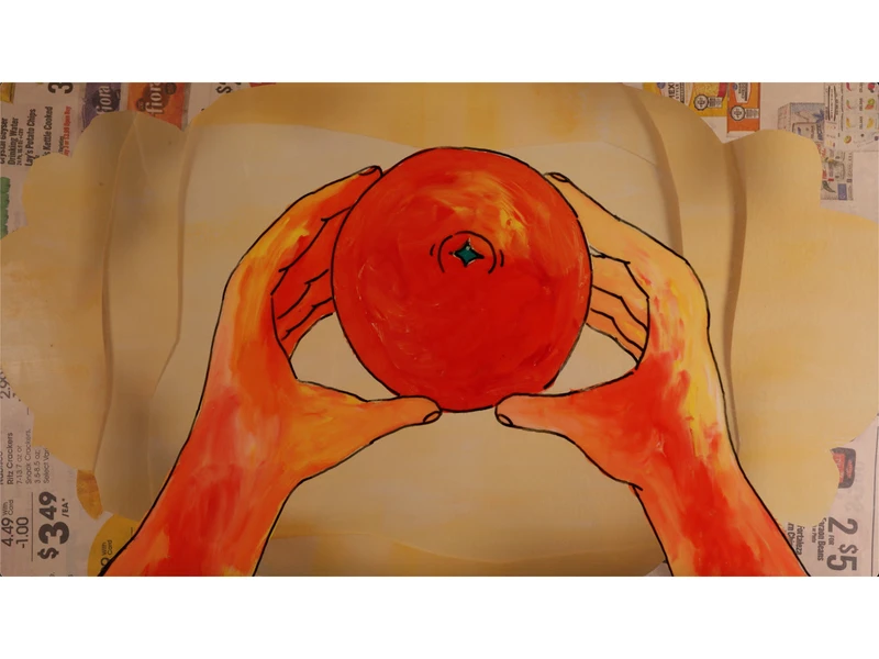  Two bright orange hands hold a round orange fruit against a soft cream-colored background, with newspaper clippings visible around the edges.