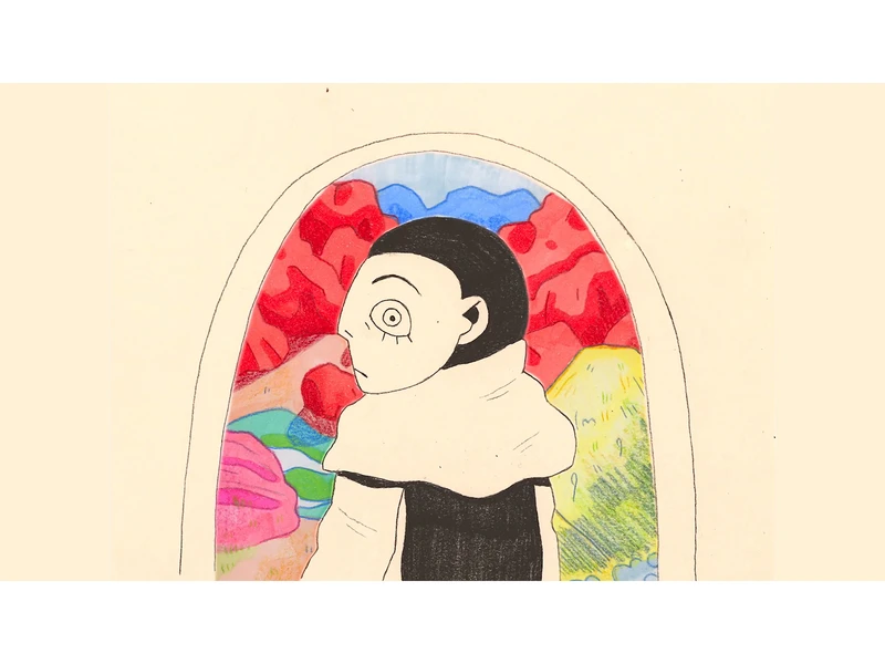  A hand-drawn character with a round face and large eye looks over their shoulder, framed by an arch with a colorful, abstract background of reds, blues, greens, and yellows.
