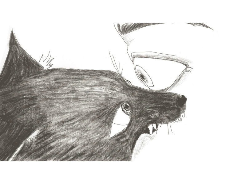 A close-up sketch of a cat and a human face, emphasizing the cat's sharp features and the human's expressive eye, illustrating a moment of interaction.