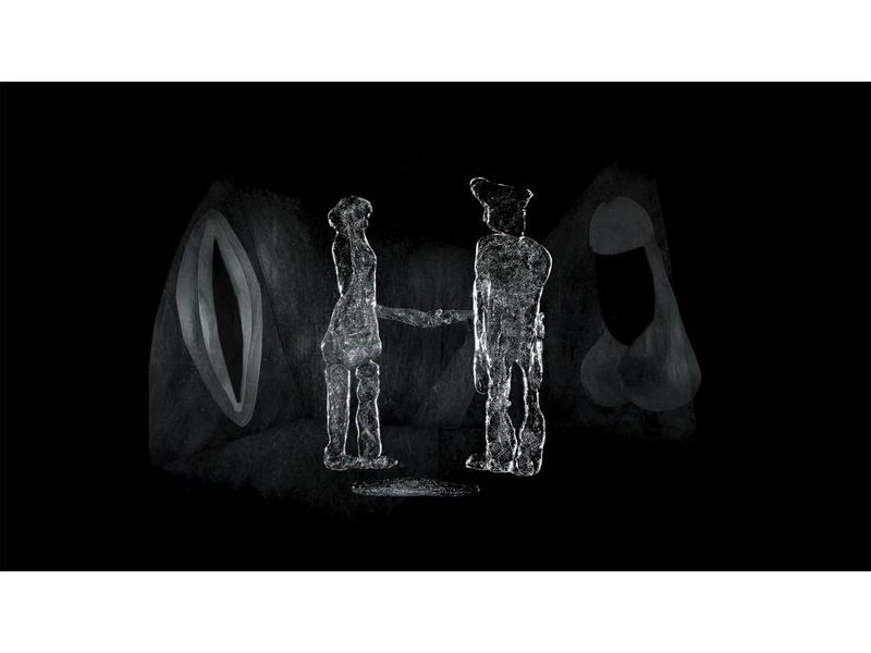 Two abstract figures face each other against black and white background.