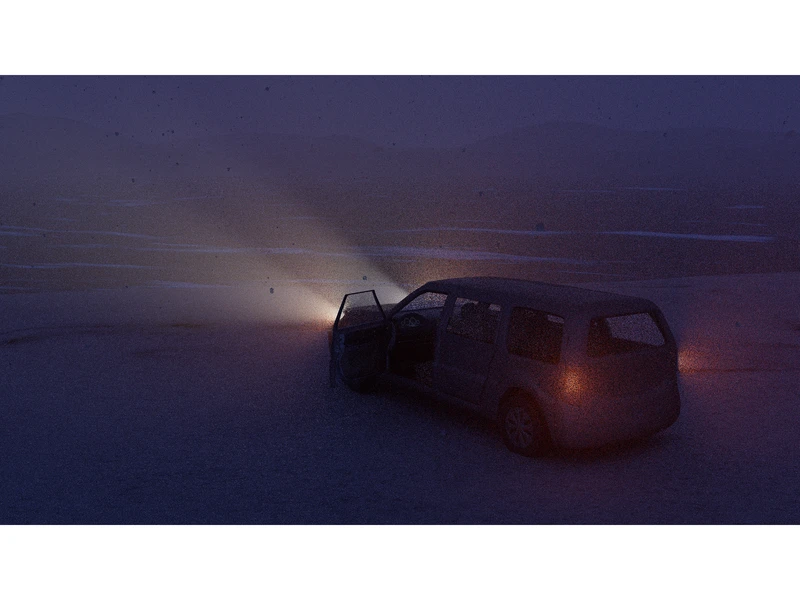 A grey SUV is parked on a sandy terrain at dusk, with its driver's side door open and headlights illuminating the dark landscape.