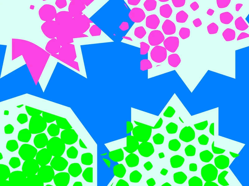 Abstract geometric pattern with blue angular shapes, pale mint starbursts, and clusters of magenta and green rounded shapes.