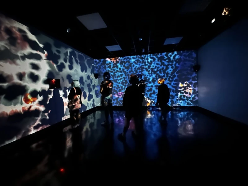 Creative Computing students in front of an immersive projected work at CalArts