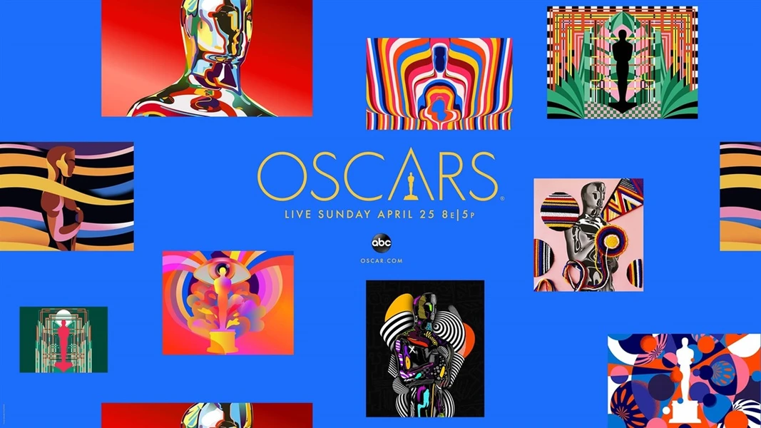Colorful Oscars promotional graphic with abstract images and central gold text.