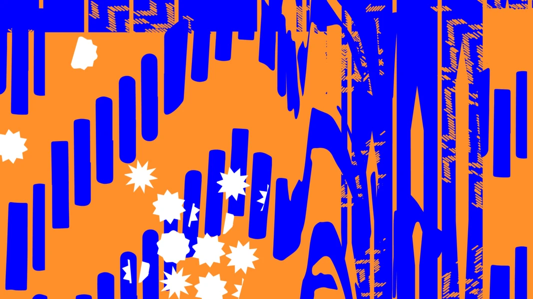 Abstract pattern of blue and orange with white starbursts