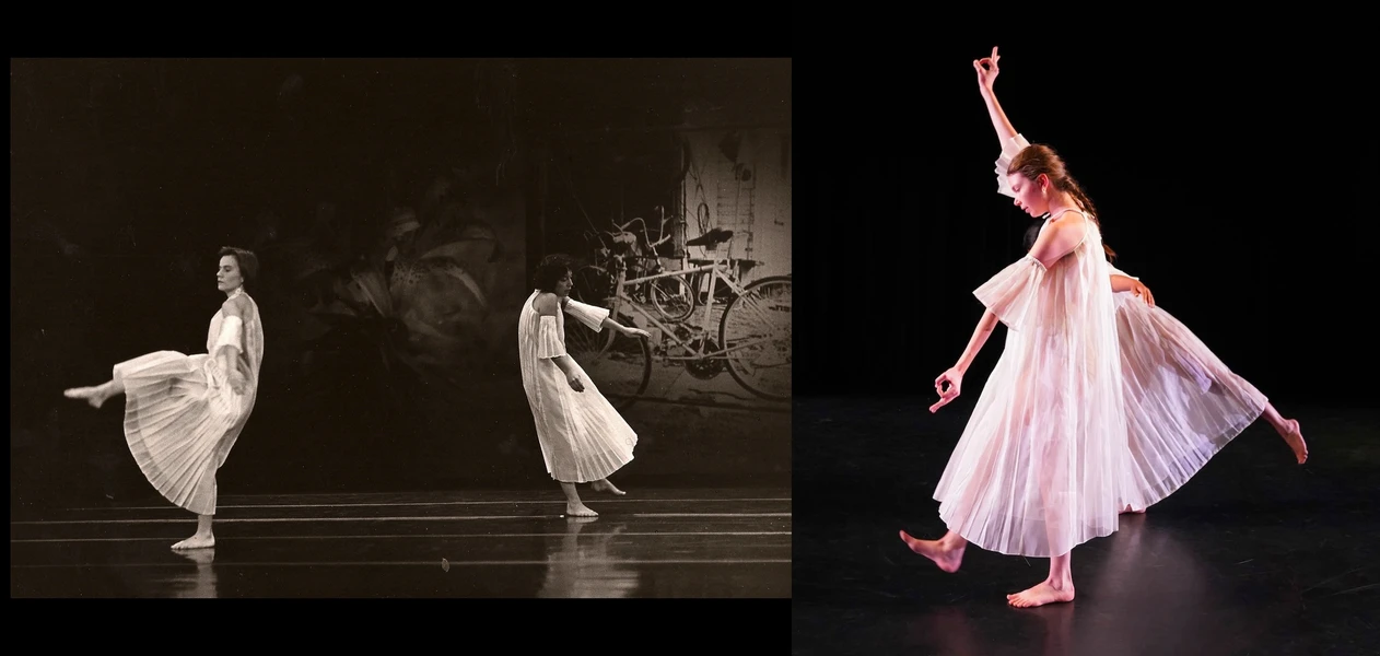 A composite image of vintage and modern dance photographs, featuring dancers in flowing dresses against distinct backgrounds.