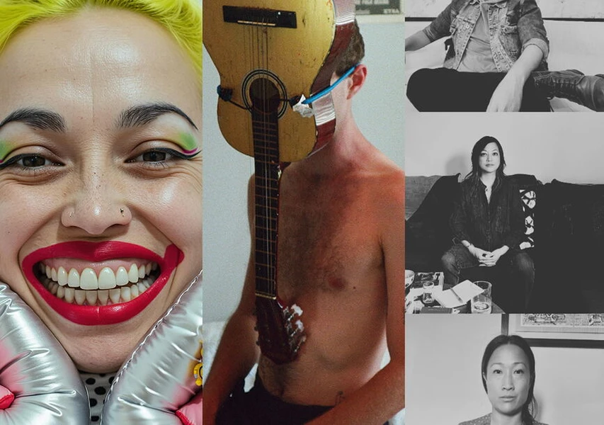 Collage of three sections: a colorful close-up with makeup, a person with a guitar for a face, and three black-and-white portraits.