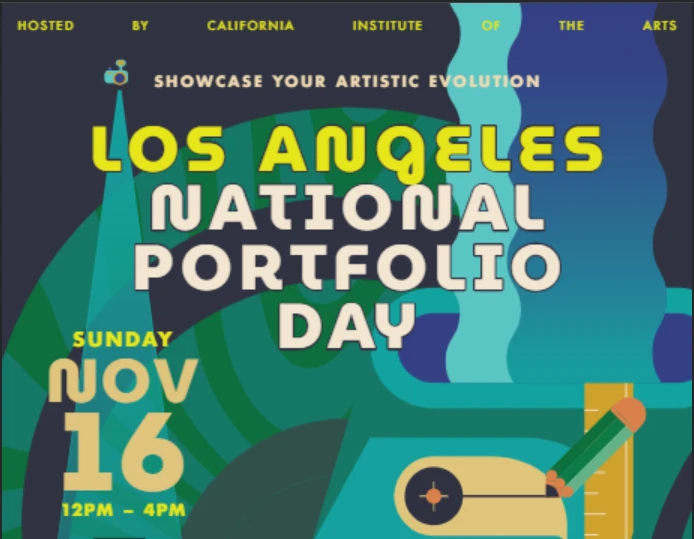 Poster for Los Angeles National Portfolio Day with event details and abstract artistic elements.