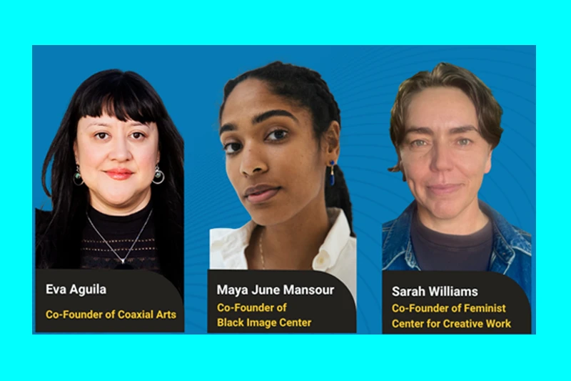 Poster for "Beyond the Institution" lecture with details and photos of speakers Eva Aguila, Maya June Mansour, and Sarah Williams.