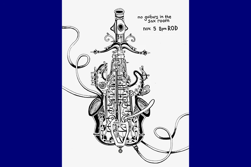 A detailed black and white illustration of a mechanical saxophone with artistic text.