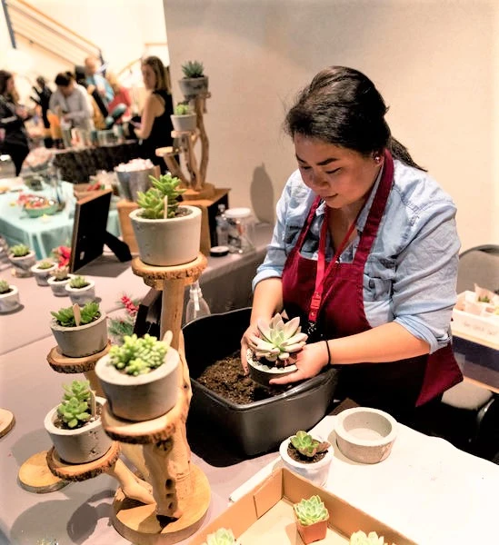 Person in a red apron potting a succulent at a table surrounded by various potted plants in an indoor market.