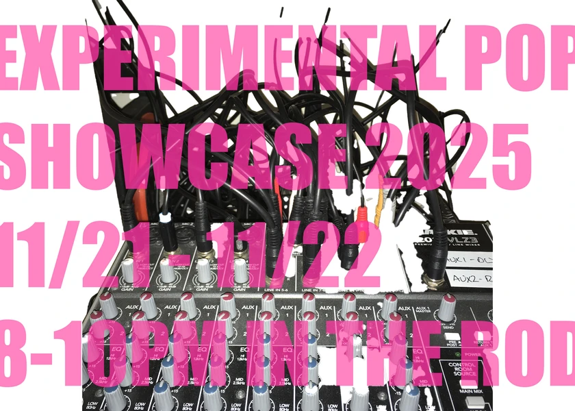 "Audio mixer with cables overlaid by large pink text about an event."