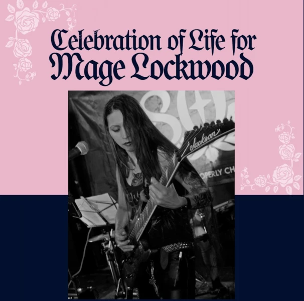 A black-and-white photo of a person playing an electric guitar with the text "Celebration of Life for Mage Lockwood" above it.