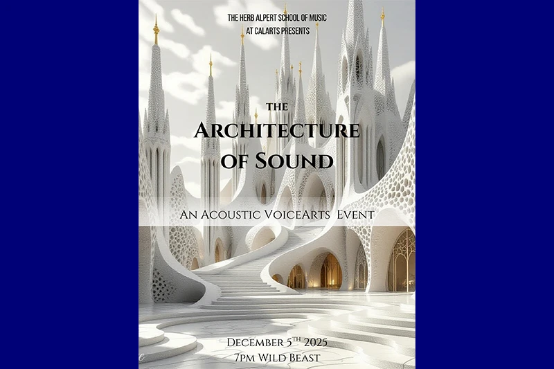 Futuristic white architecture with spires and curves; text overlays event details.