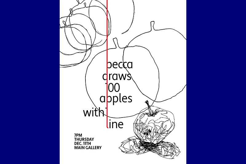 Abstract image with line drawings of apples and text partially disrupted by a vertical red line.