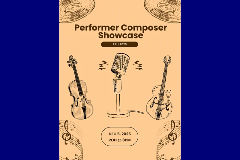 Poster for a music showcase with vintage illustrations of a microphone, violin, and guitar, dated December 5, 2025.