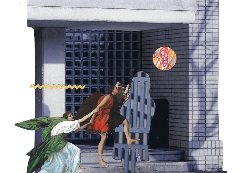 A collage featuring classical figures against a modern tiled building with geometrical and surreal elements.