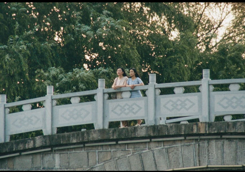 Two people stand on a stone bridge with green trees in the background.