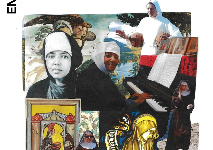 Collage of nuns in various settings, including playing the piano and holding a basketball, surrounded by artistic and historical depictions.