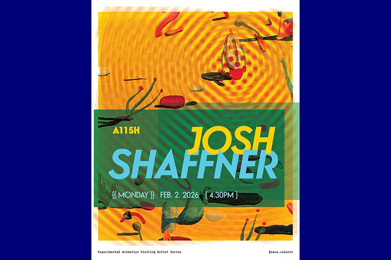 Abstract poster with yellow and orange swirling patterns and text about Josh Shaffner’s event on February 2, 2026.