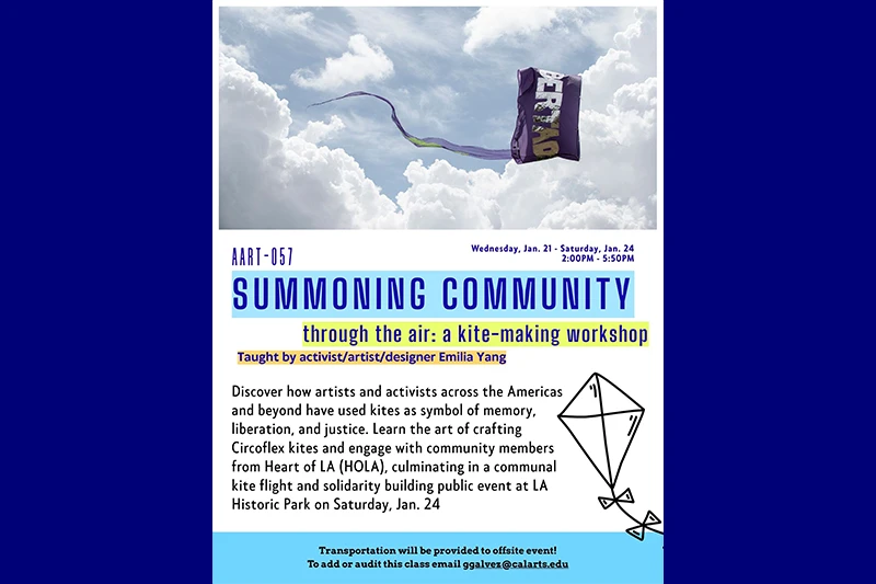 A poster for the "Summoning Community" kite-making workshop featuring a kite with "LIBERTAD" against a cloudy sky.