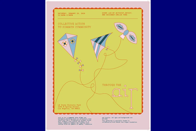 A poster featuring colorful kites and details for a community event at LA State Historic Park, with a yellow background and red scalloped border.