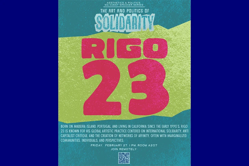 A poster for "The Art and Politics of Solidarity" featuring RIGO 23, with event details and a QR code.