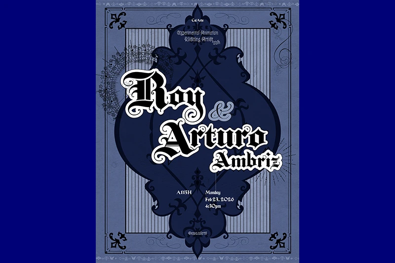 Poster with ornate blue and black design for an event featuring Roy and Arturo Ambriz.