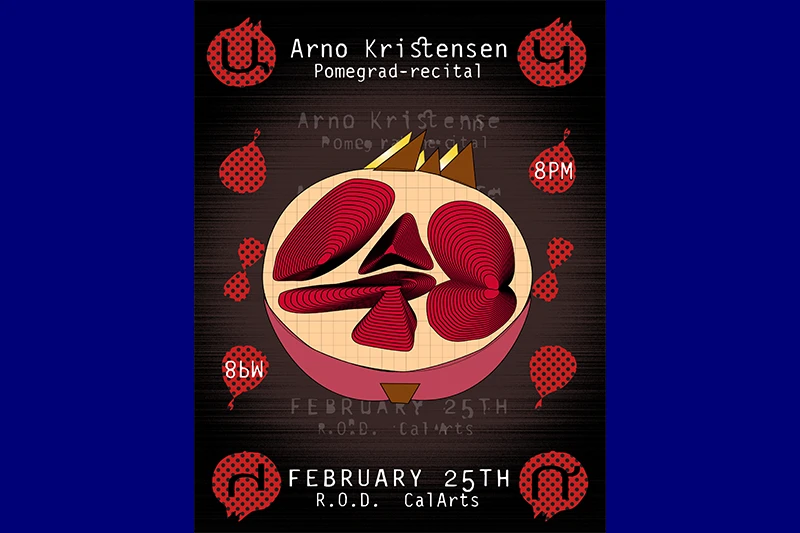 Artistic poster with a stylized pomegranate and event details surrounded by polka dot graphics.