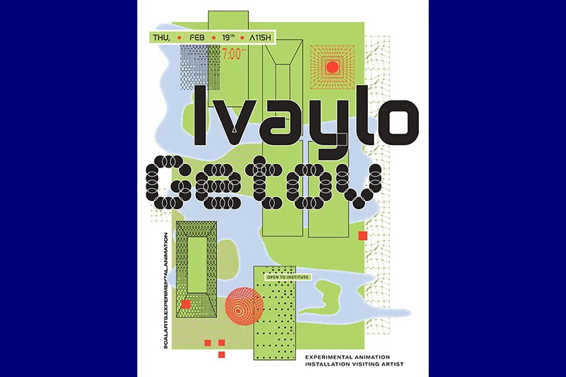 Event poster for "Ivaylo Getov" with geometric designs and text details about the event on a green background.