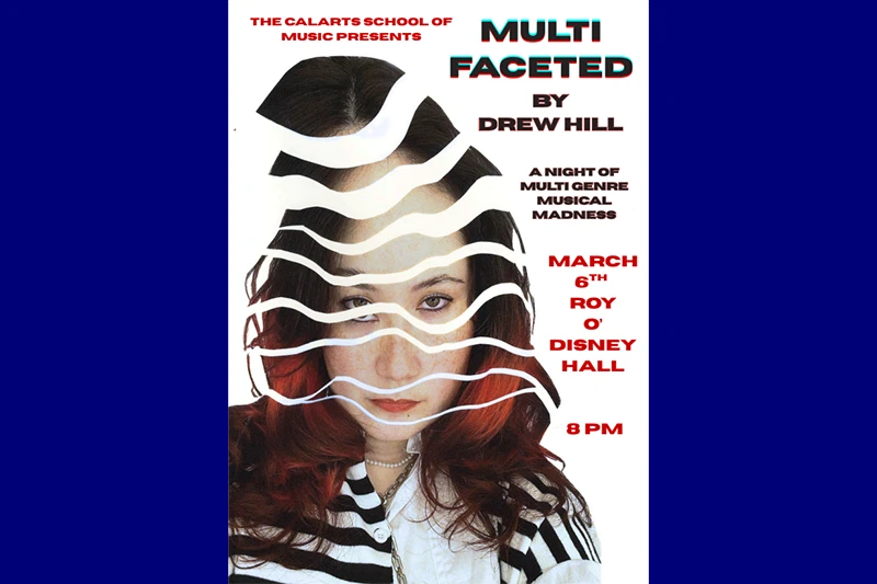 A poster showing a woman's portrait with wavy white stripes overlay and event details in bold text.