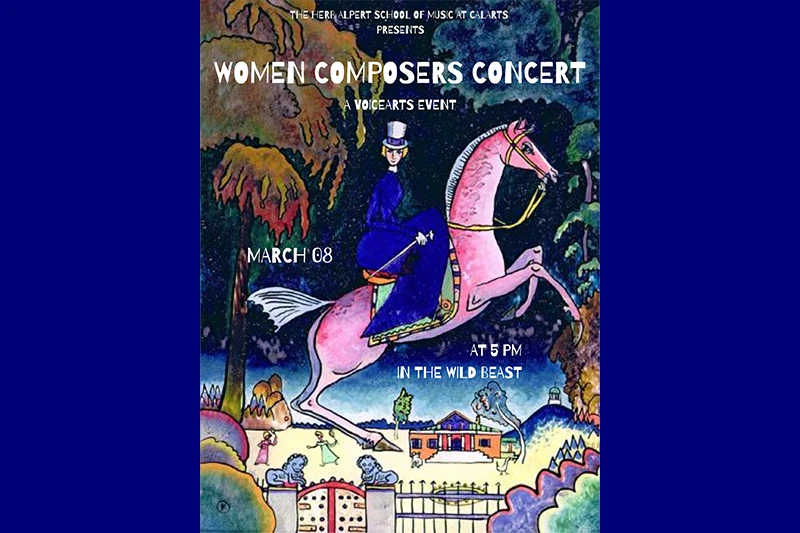 Illustration of a person riding a pink horse through a colorful, fantasy landscape.