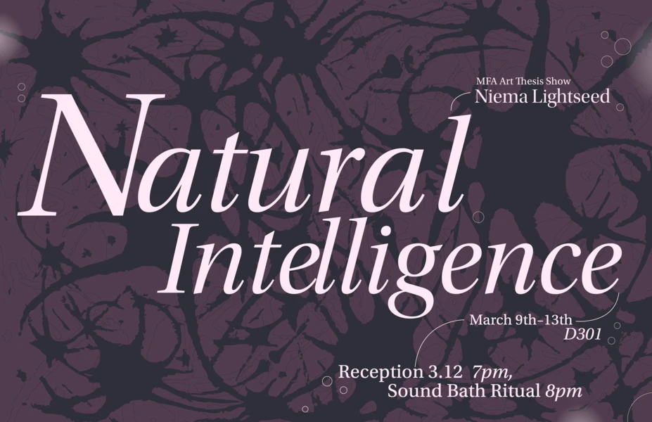 Poster with the text "Natural Intelligence," featuring abstract branching on a purple background.